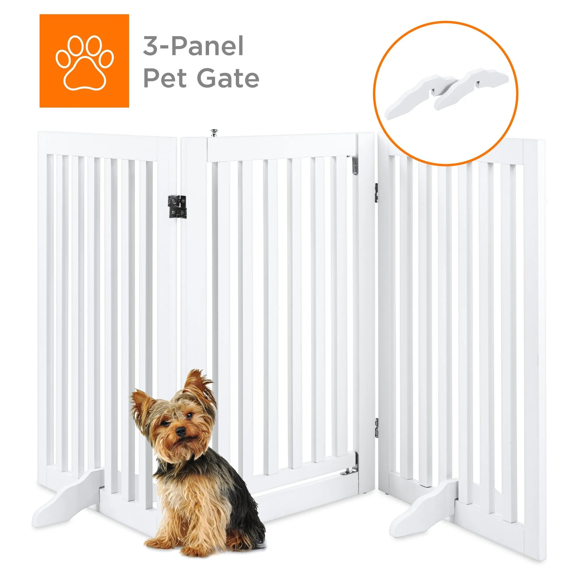 31.5in 3-Panel Freestanding Wooden Pet Gate w/ Door, Support Feet