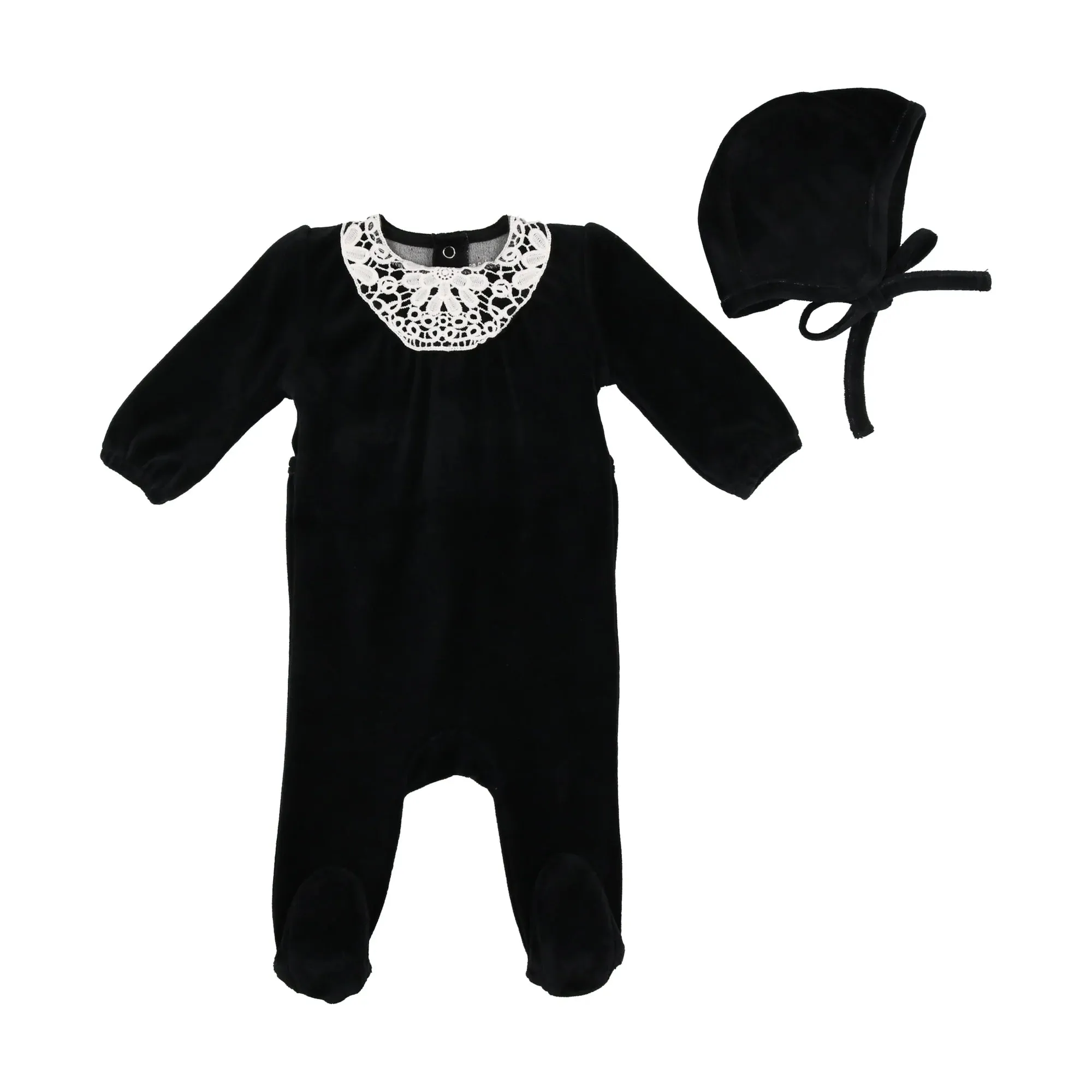 Bee & Dee Black Eyelet Velour Footie   Bonnet