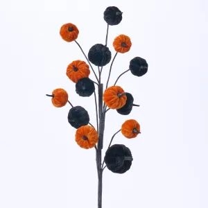 Black & Orange Velvet Pumpkin Spray Decorative Halloween Branch - 30"