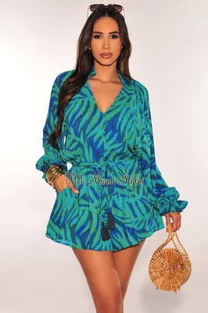 Blue Green Palm Print Long Sleeve Button Up V Neck Belted Romper