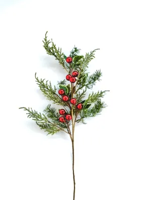 Cedar and holly spray with red ornaments