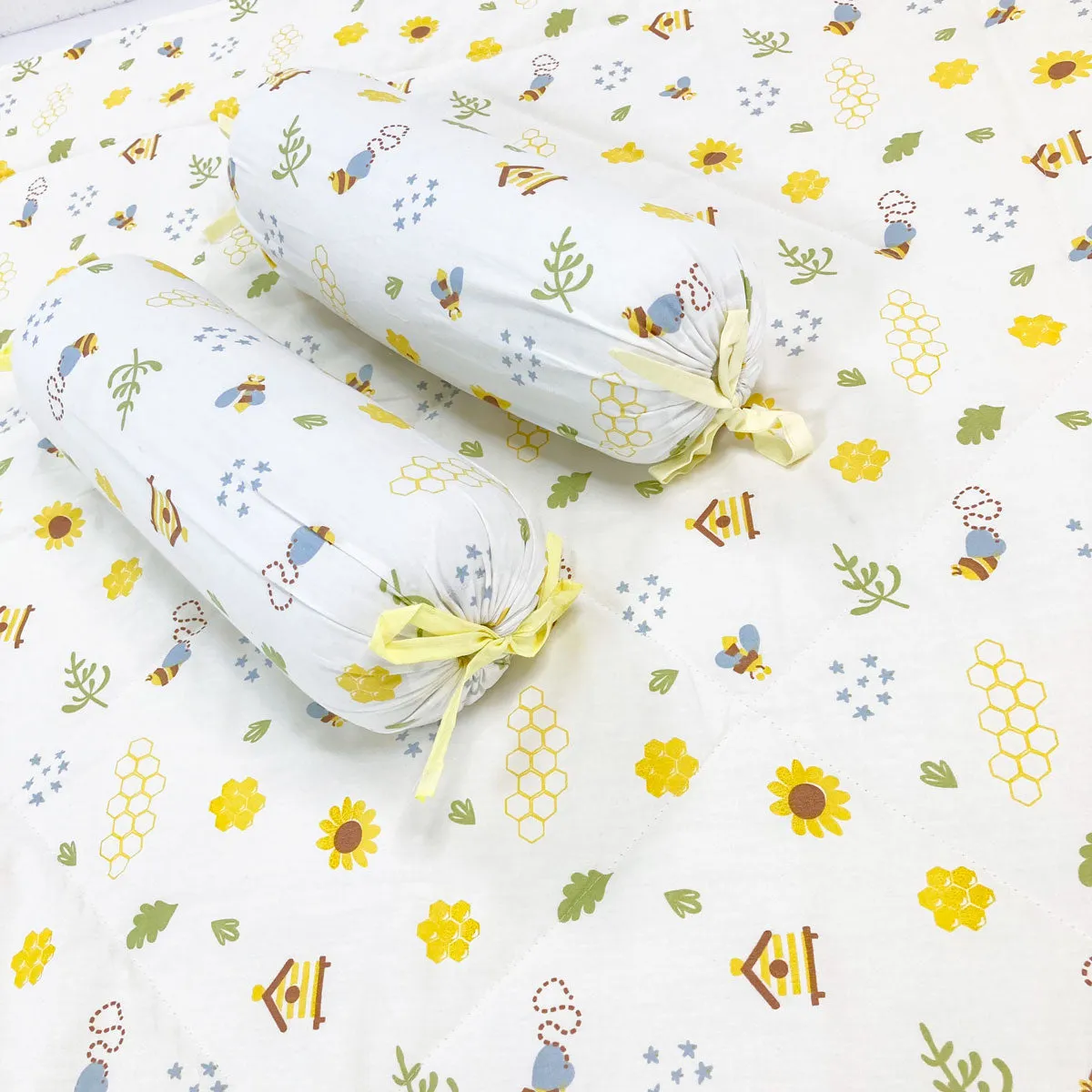 Cotton Baby Bed with 2 Bolster Pillow / Playmat -Bee