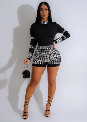 Fashion Icon Rhinestones Romper Black