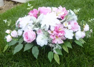 Pink and white cemetery flowers