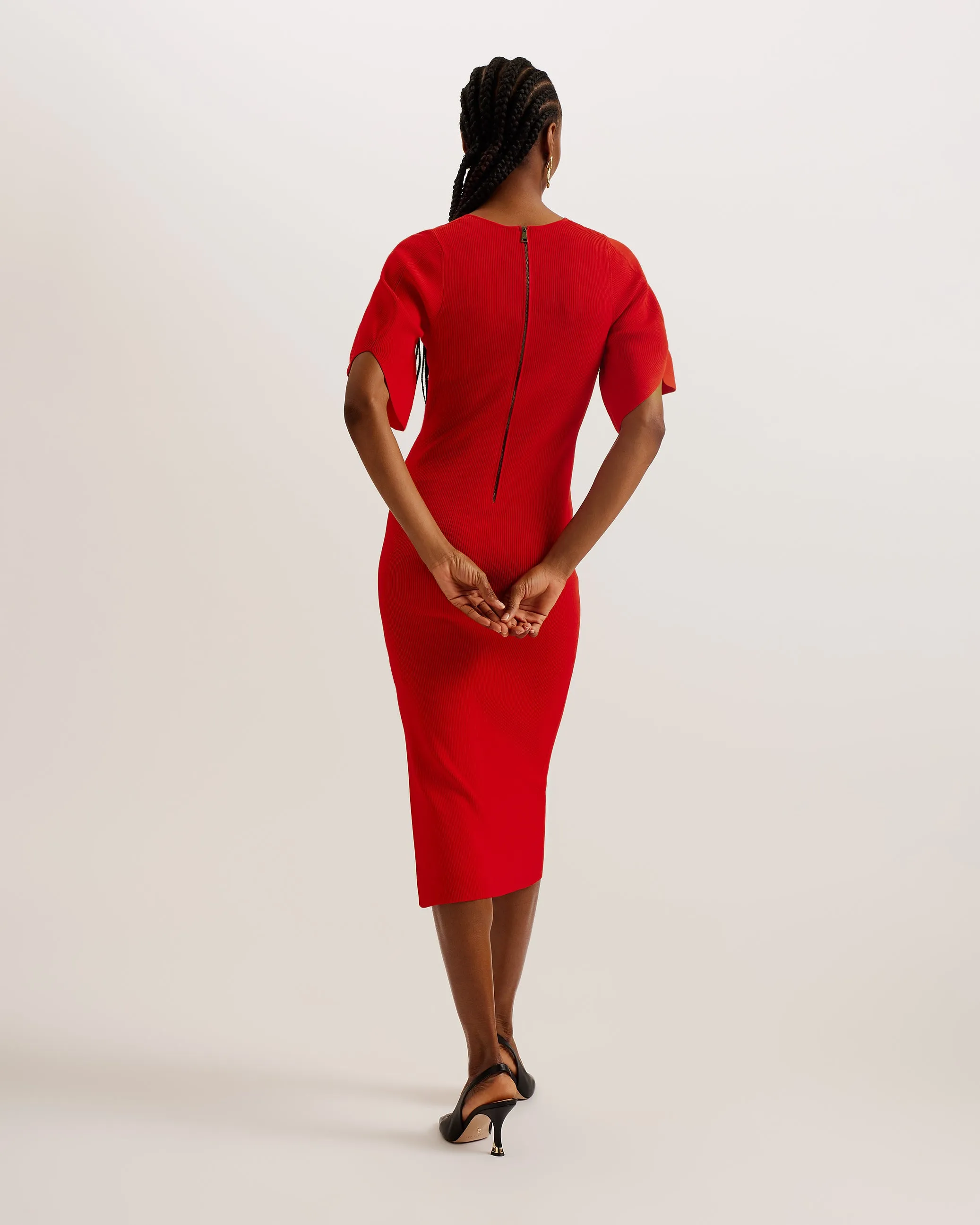 Raelea Fluted Sleeve Knitted Bodycon Midi Dress Red