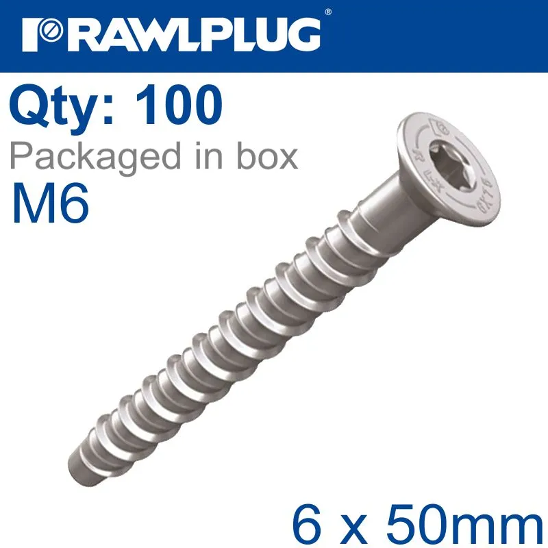 RAWLPLUG CONCRETE SCREWBOLT 6X50MM CSK HEAD GALV BOX OF 100 RAW R-LX-06X050-CS-ZP